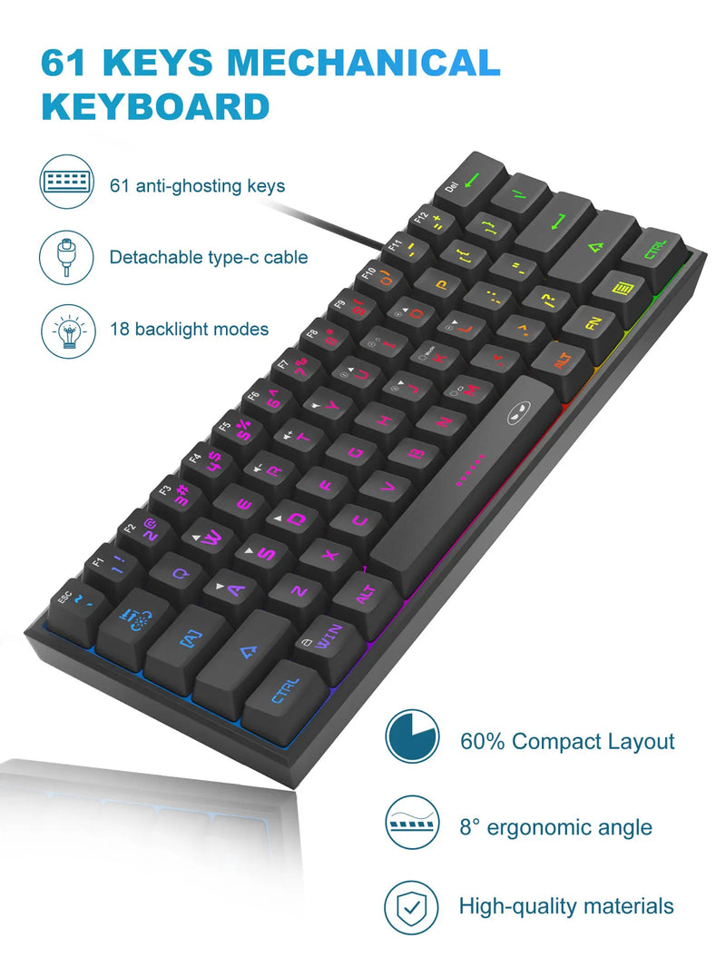 Teclado gamer MageGee Mini 60%, retroiluminação RGB com sensação mecânica